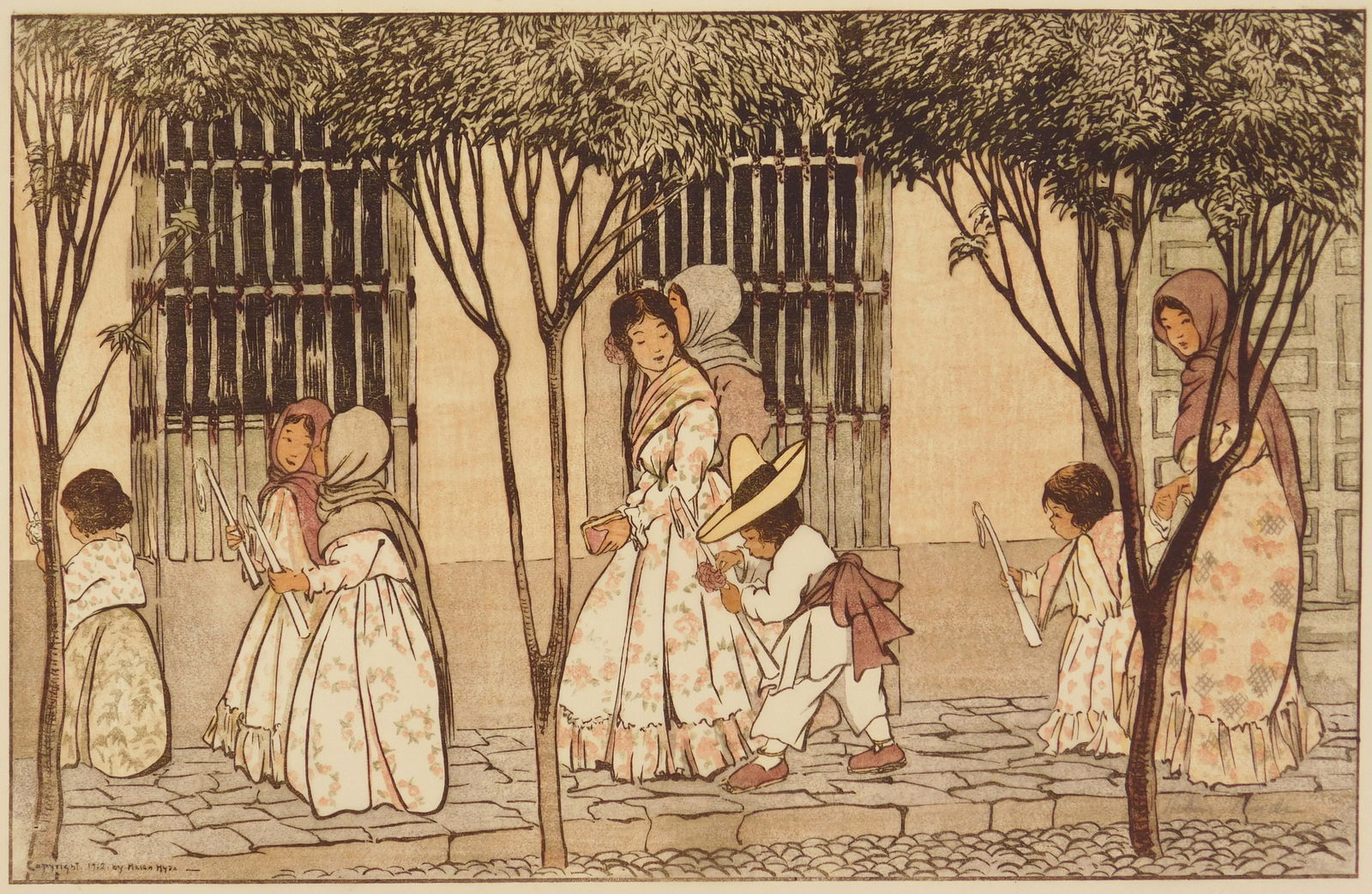 Helen Hyde (American, 1868-1919) woodcut: Sunday Morning, San Angel, Mexico woodcut in colors, ca. 1912, signed in pencil. 10 5/8 x 16 5/8'' Mason 104 Condition: Very go