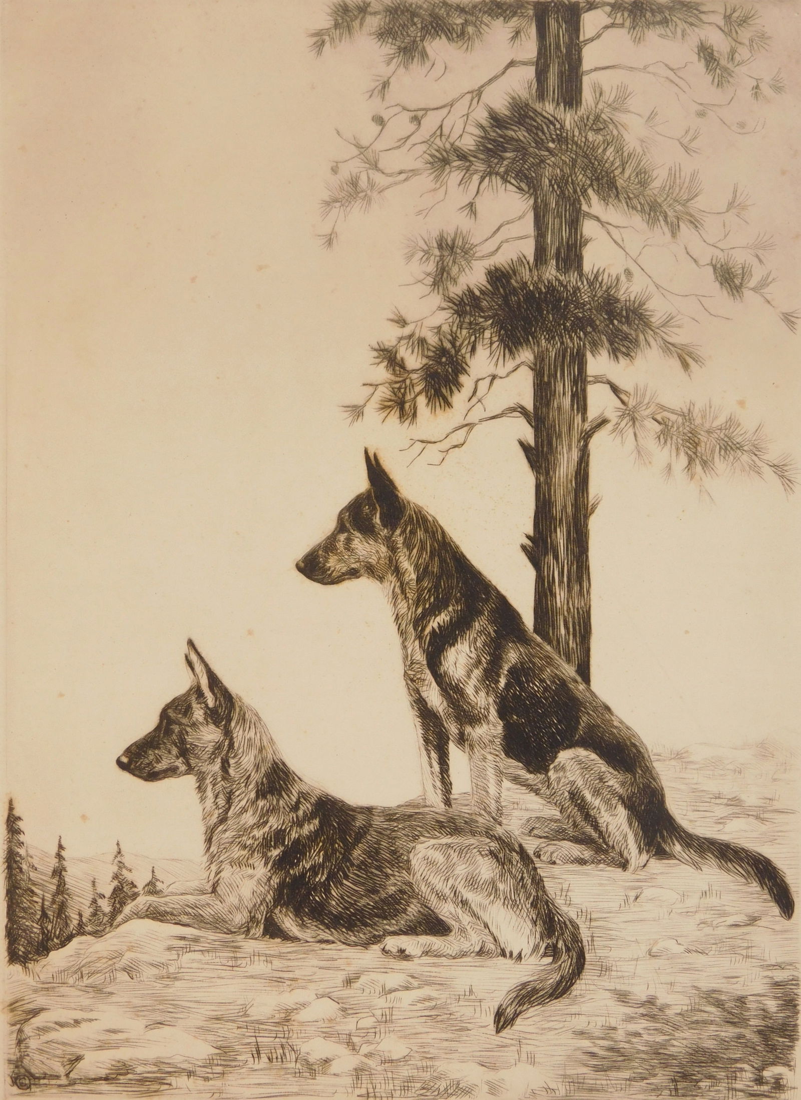 Marguerite Kirmse (American, 1885-1954) etching: Vigilantes etching, signed and titled in pencil. 10 1/2 x 8 1/2'' Condition: Light struck, various spots of light foxing within image, handling creases and few creases upper left