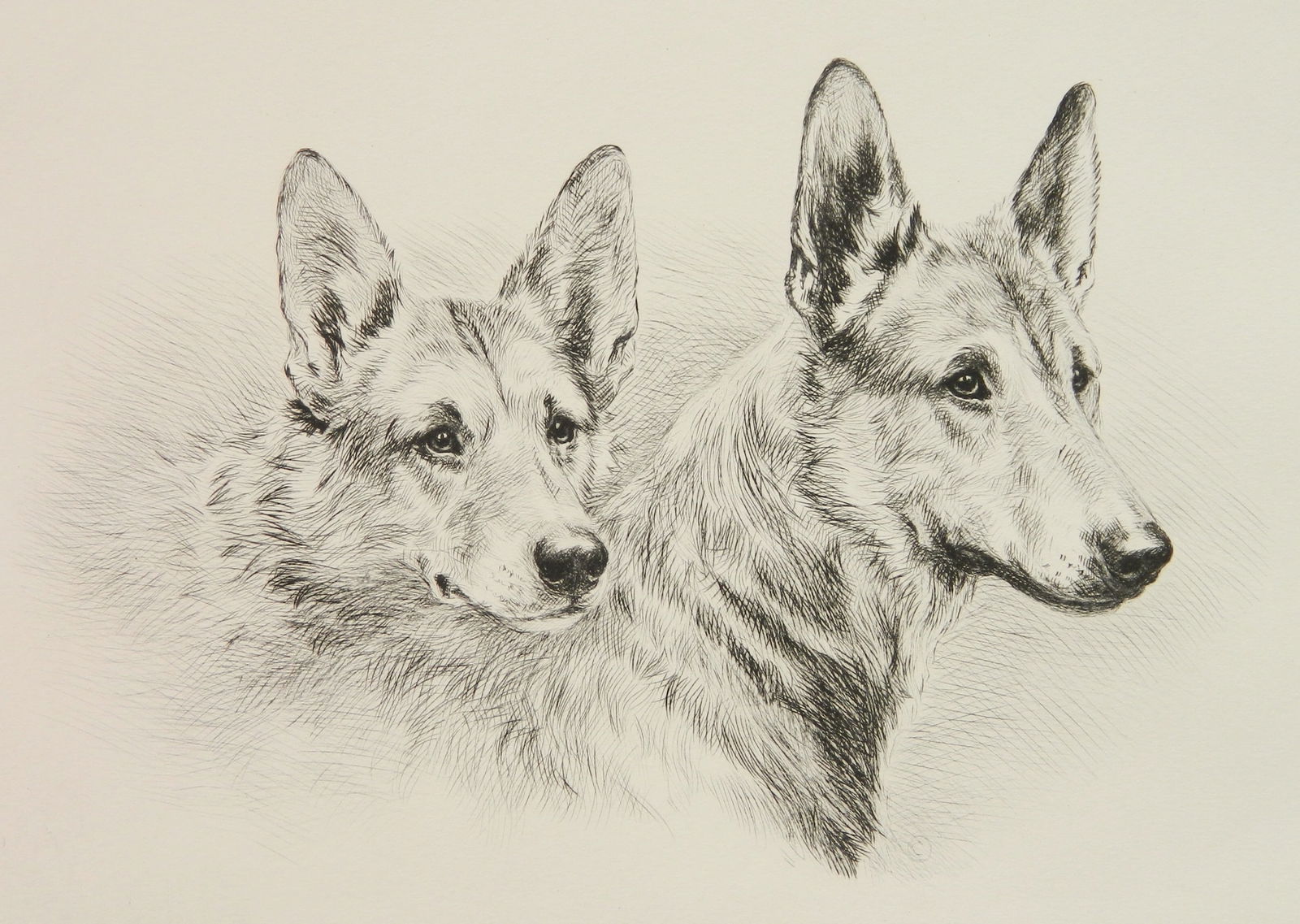 Marguerite Kirmse (American, 1885-1954) etching: Loyalty etching, signed and titled in pencil. 7 1/4 x 10 3/8" Condition: minor paper abrasions along top margin edge, repaired tear in margin, well away from image. Provenance: Privat