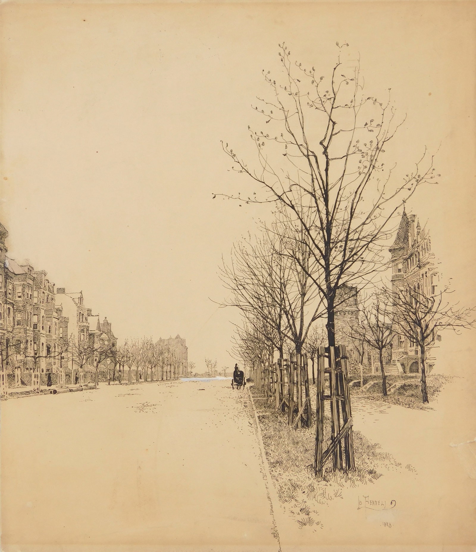 Joseph Pennell (America, 1857-1926) pen and ink: Massachusetts Ave. pen and ink on cardboard, 1883, signed Jo. Pennell/ 1883 in pen lower right. 12 3/4 x 11" Condition: Paper age toned, soiling throughout, about 1" 