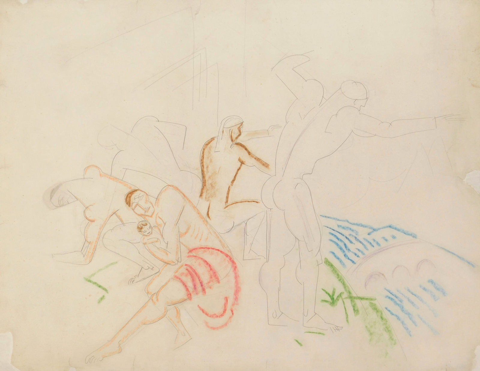 William Sommer (American, 1867-1949) mixed media drawing: Figures pastel and graphite on paper, dry mounted to a support sheet. 16 1/2 x 20'' Condition: sheet, minor tears along edges, some foxing Provenance: Private collection- Cl