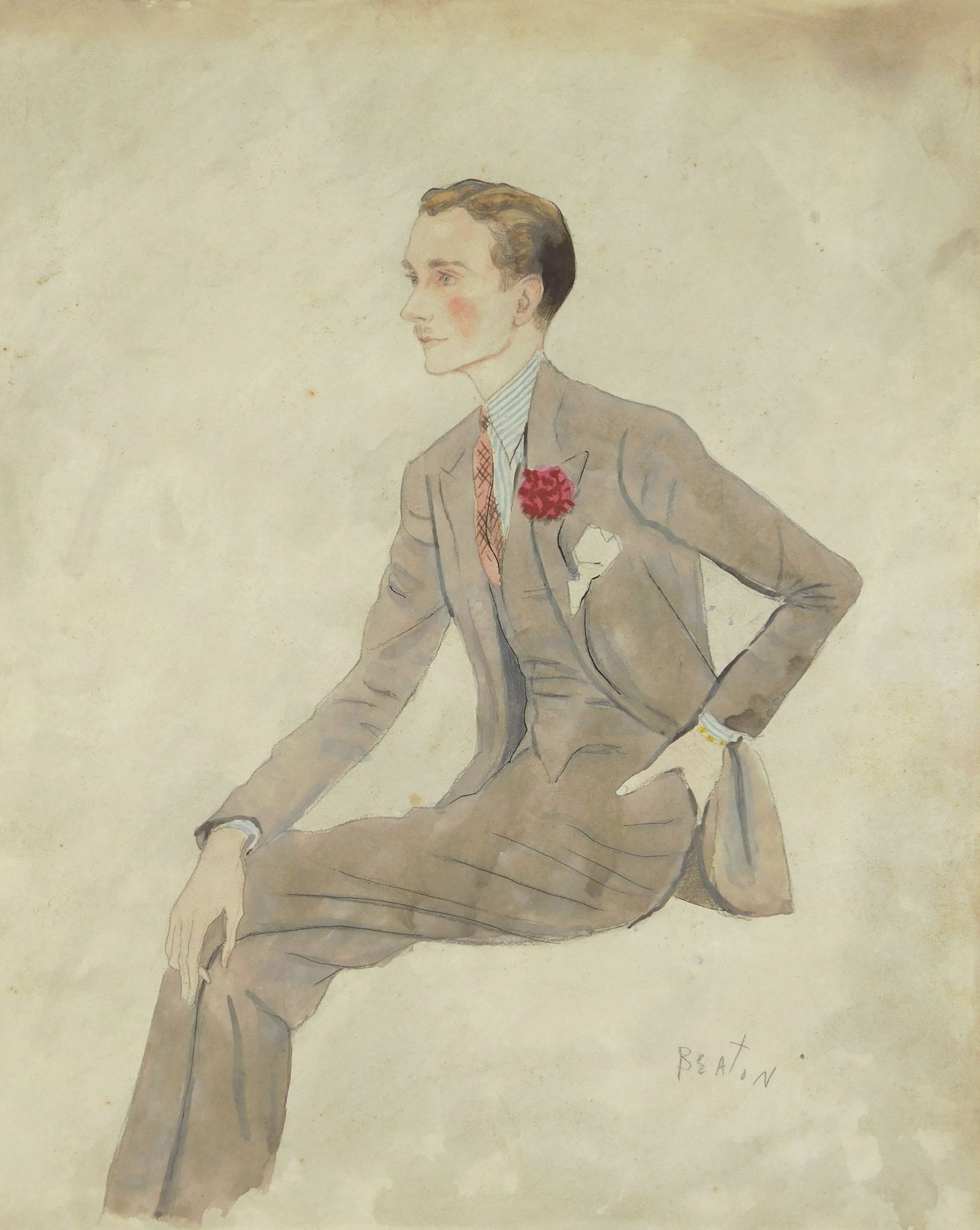 Cecil Beaton (British, 1904-1980) watercolor: Portrait of Clifton Webb watercolor on paper, signed Beaton lower right. 14 1/2 x 12 1/2" (sheet) Condition: fair condition Provenance: Private collection- Kent, OH