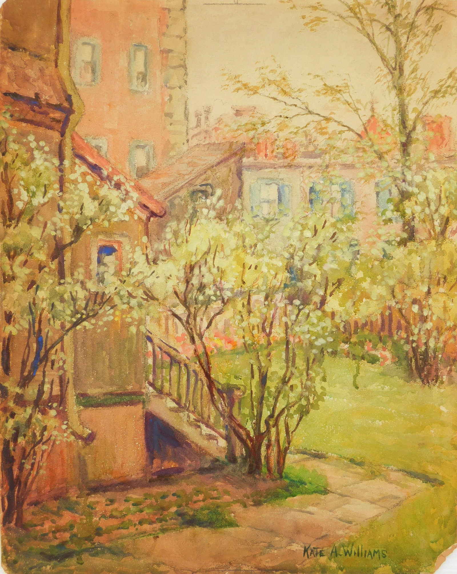 Kate A. Williams (American, 1877-1939) watercolor: Our Backyard watercolor on board, signed Kate A. Williams lower right. 19 3/4 x 15 1/2" Condition: Good condition Provenance: Private collection- Columbus, OH