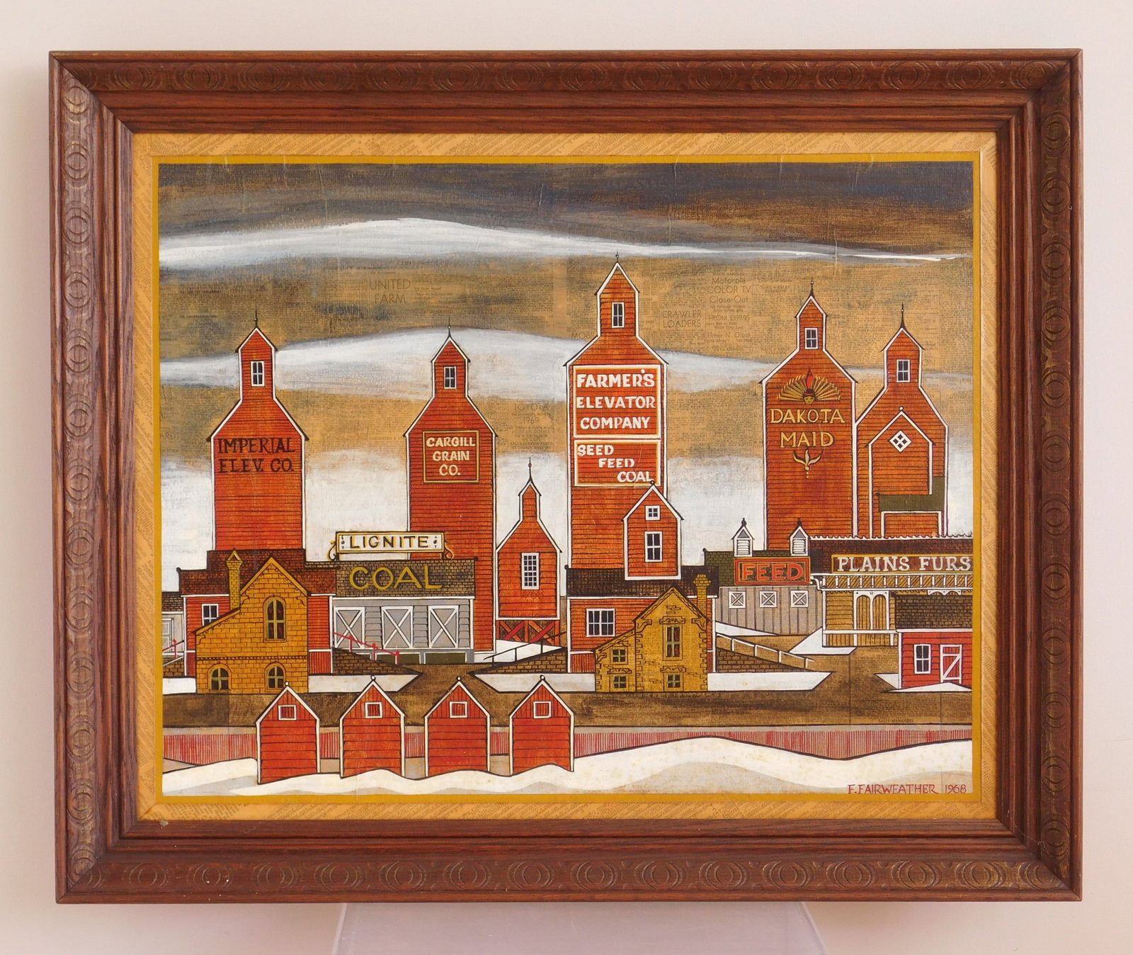 Floyd Dale Fairweather (American, 1928-2012) acrylic: Trackside acrylic wash and opaque on newspaper laid to board, 1968, signed f. Fairweather 1968 lower right, framed. 22 x 28" Condition: Some foxing in lower half. Provenance: Private 
