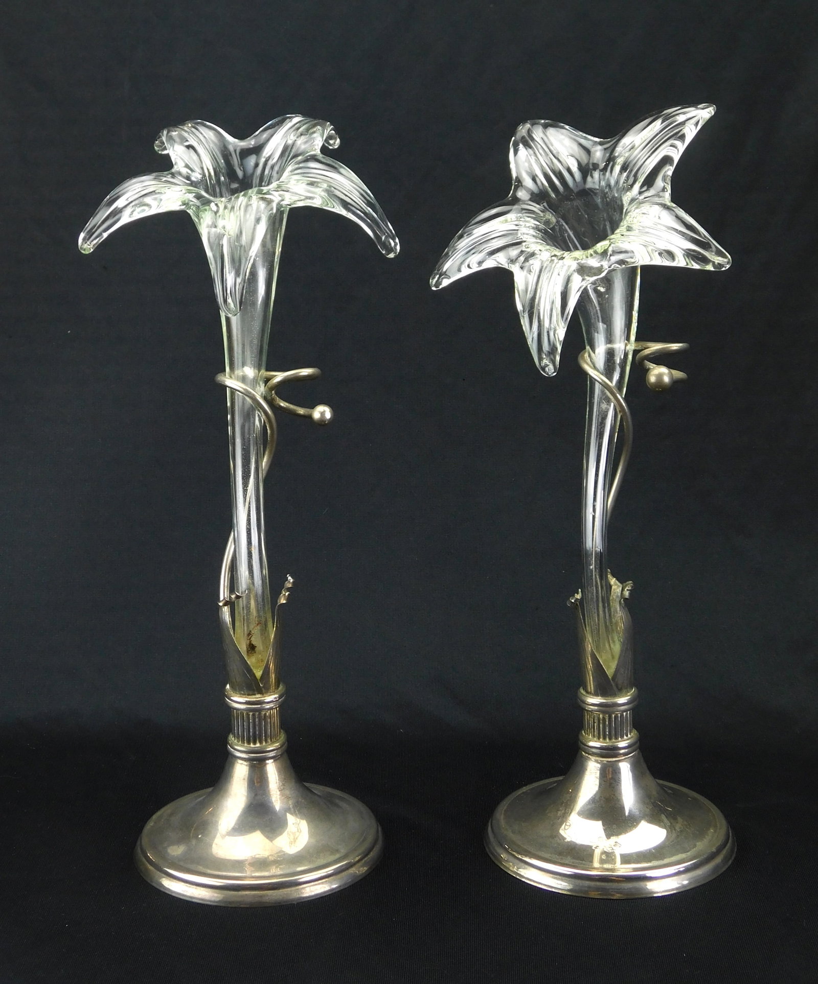 Pair of silver plate and clear glass vases: epergne Jack-in-the-pulpit vases. 14 1/4"h Condition: Good condition Provenance: Private collection- Elyria, OH