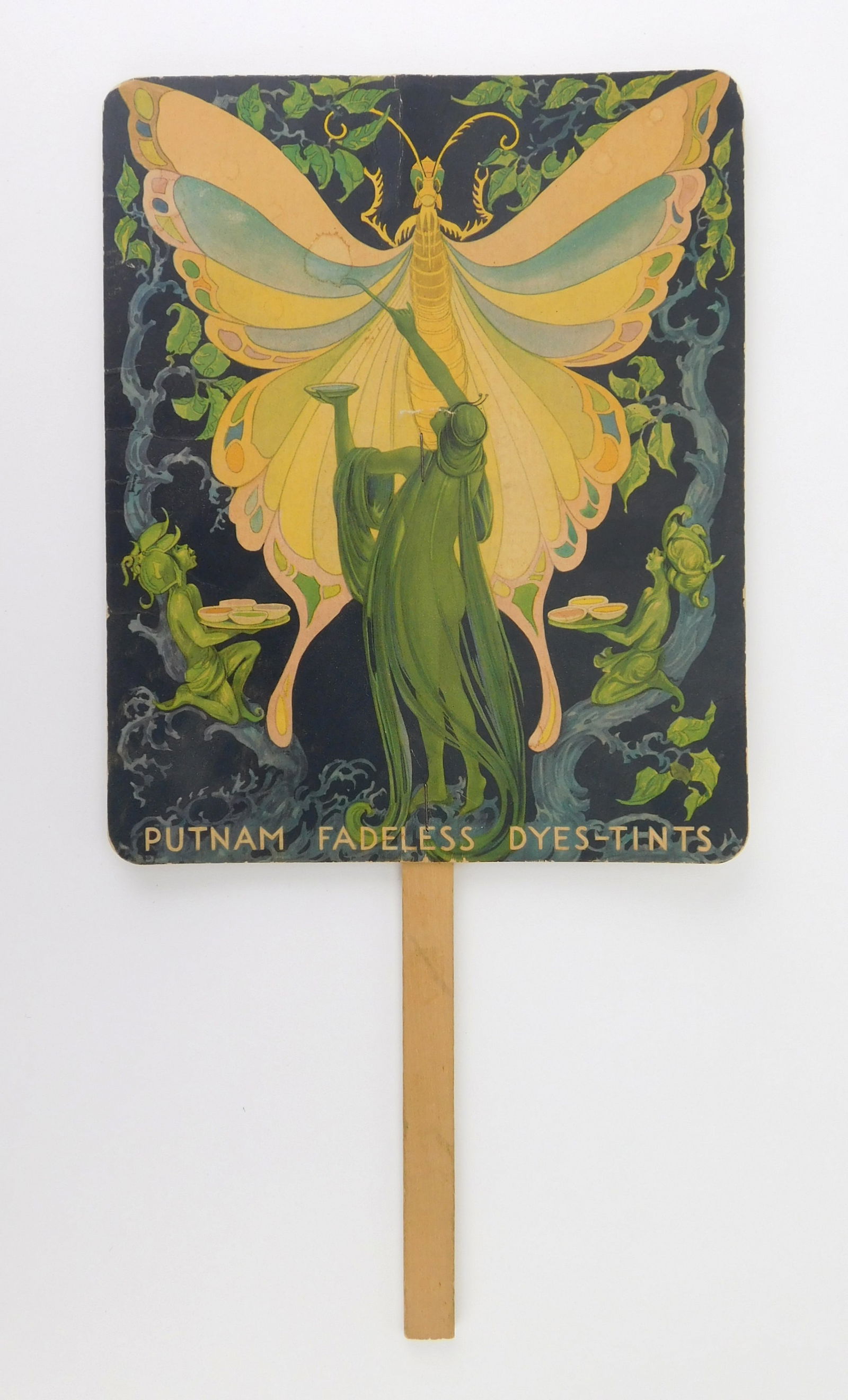 Maxfield Parrish design Putnam dye advertising fan: compliments of A. F. Slater/ Chatfield, OH 12 3/4" Provenance: Private collection- Elyria, OH