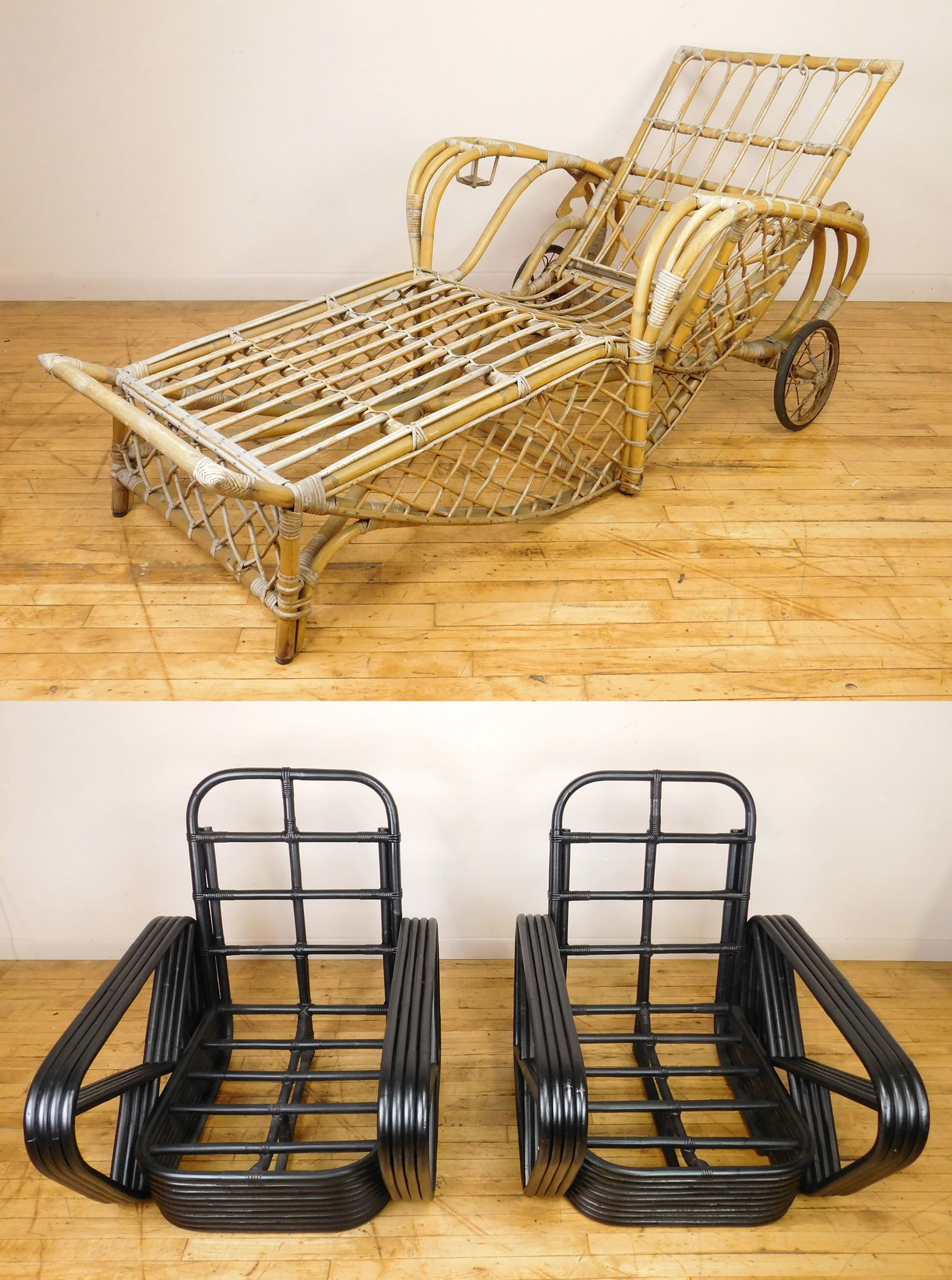 3 pc. Bamboo patio set: chaise and two arm chairs, chairs have been painted black. Recliner- 32 3/4 x 29 1/4 x 69" Chairs- 29 1/4 x 32 x 34&