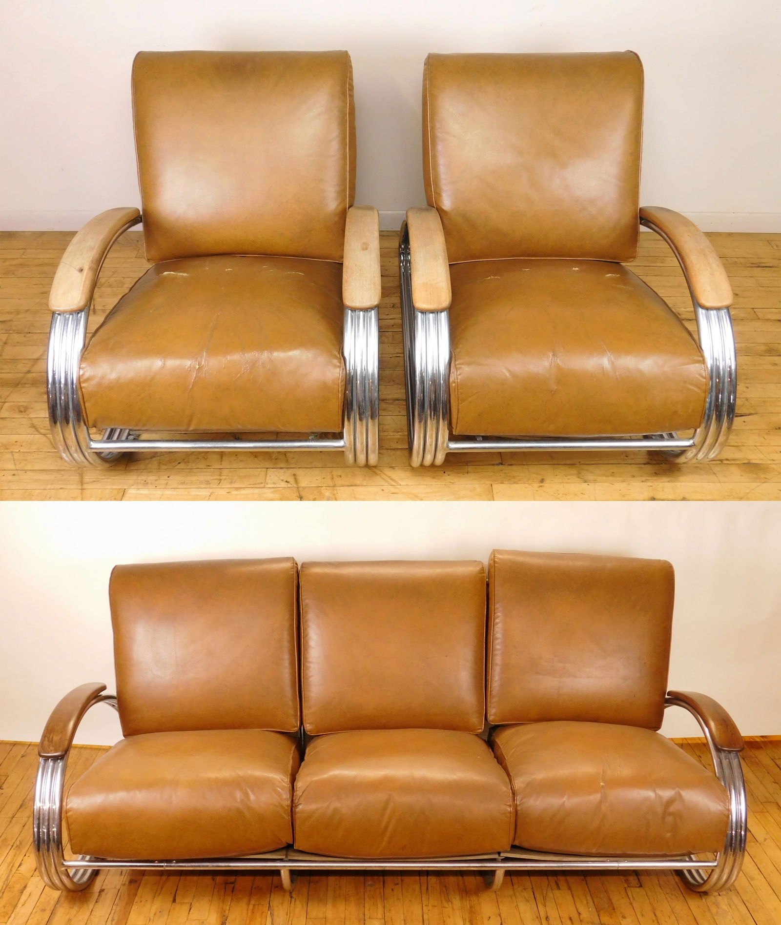 KEM Weber faux leather and chrome set- sofa and two armchairs: brown faux leather..Sofa- 78 1/2 x 32 x 39" Chairs- 28 1/2 x 32 x 39" Condition: Worn from use, especially arms and upholstery Provenance: Private collection- Elyria, OH