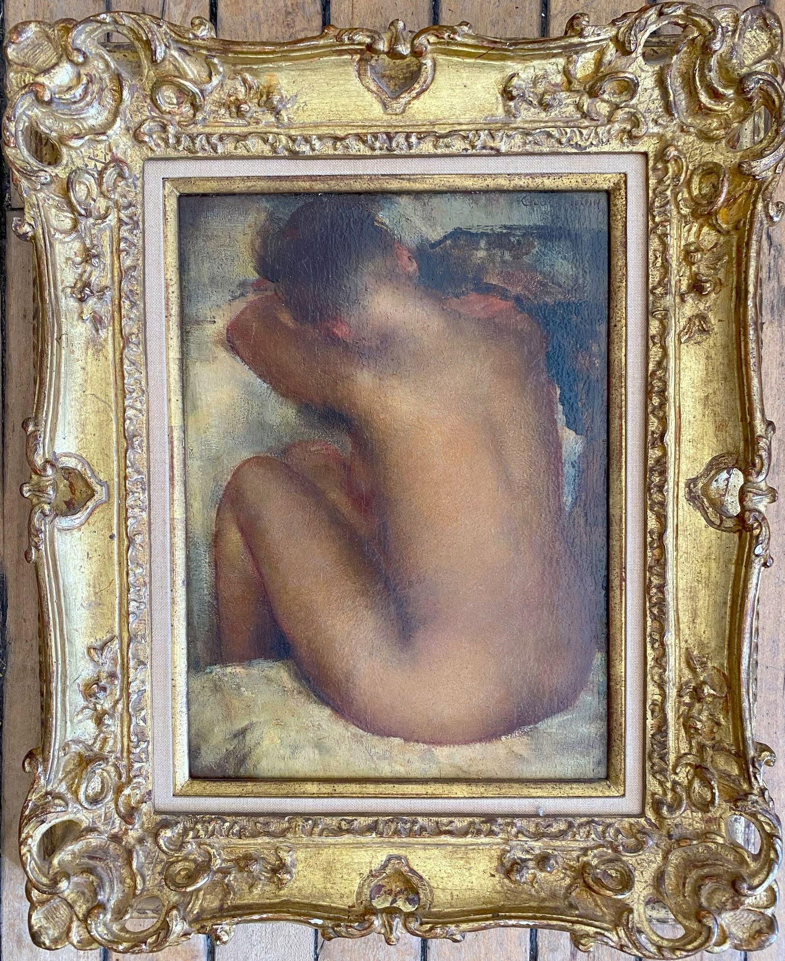 Grigory Gluckmann (Russian/ American, 1898-1973) oil: Seated Nude from Behind oil on board, signed Gluckmann upper right, framed. 11 3/4 x 8 1/2" Provenance: Private collection- Bath, OH