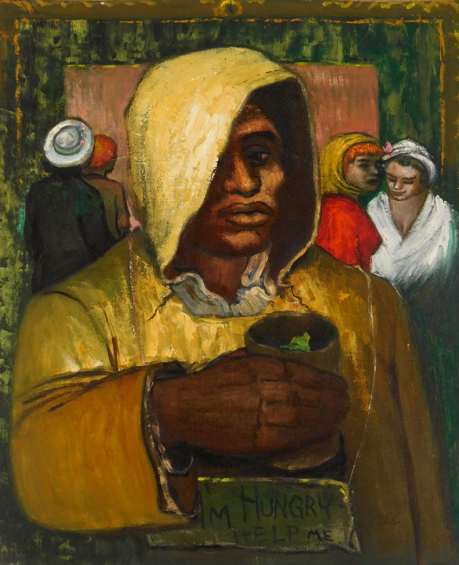Albert Pels (American, 1910-1998) oil: Give to a Beggar oil on Maonite, signed Pels lower right. 16 x 13" Provenance: Private collection- New York, NY; By descent estate of the artist.