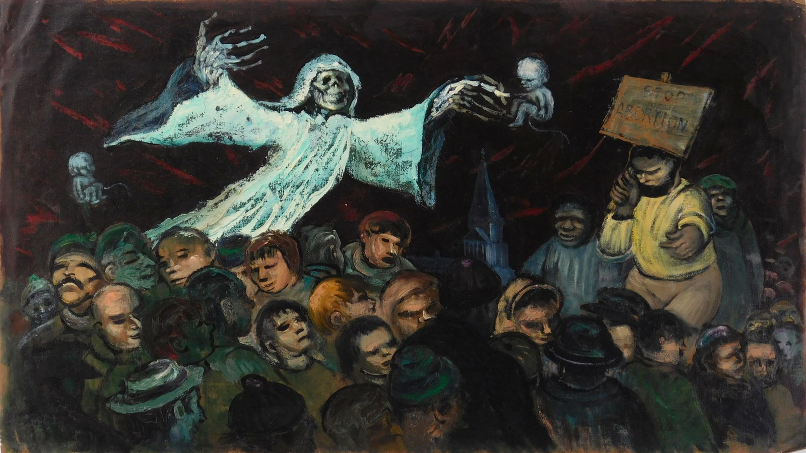 Albert Pels (American, 1910-1998) oil: Stop Abortion oil on canvas, signed Pels lower right. 15 1/4 x 26 3/4" Provenance: Private collection- New York, NY; By descent estate of the artist.