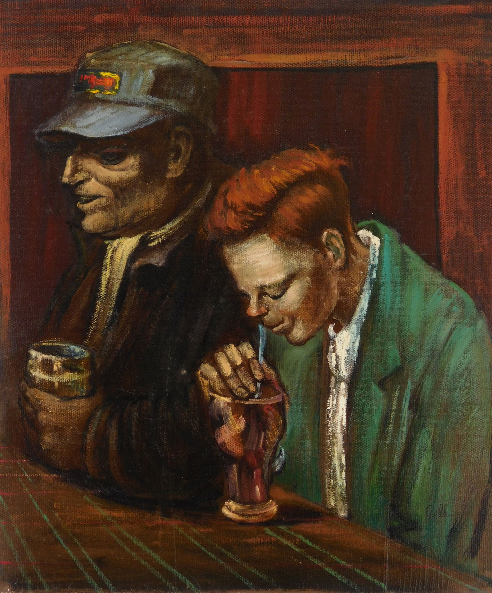 Albert Pels (American, 1910-1998) oil: Two Men Drinking oil on canvas adhered to Masonite, signed Pels lower right. 16 x 13" Provenance: Private collection- New York, NY; By descent estate of the artist.