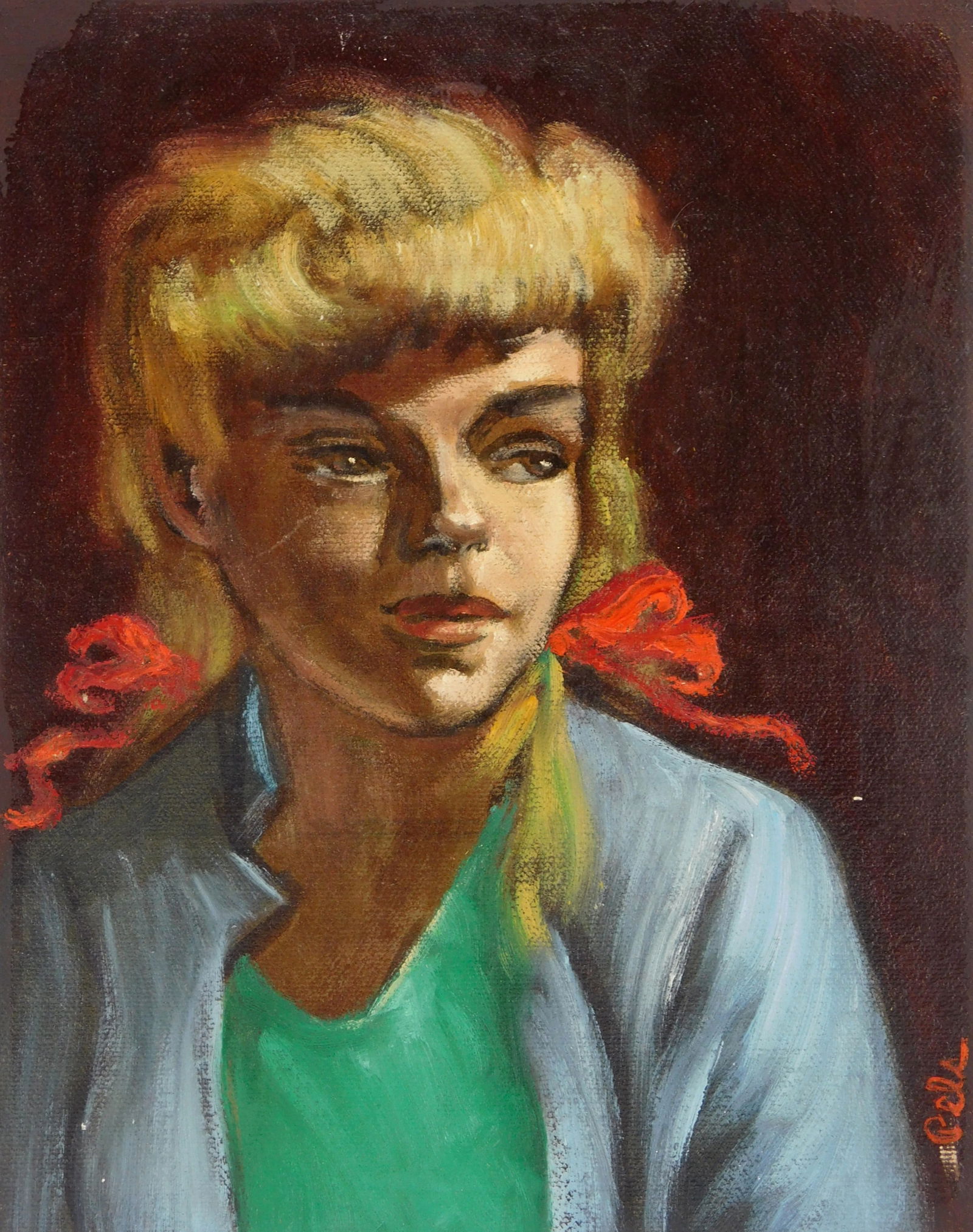 Albert Pels (American, 1910-1998) oil: Red Ribbons oil on canvas adhered to a board, signed Pels lower right. 10 x 8" Provenance: Private collection- New York, NY; By descent estate of the artist.