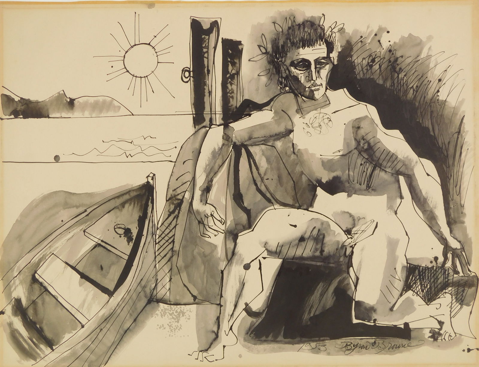 Byron Browne (American, 1907-1961) watercolor and wash: Seated Male on Dock watercolor and wash on paper, 1953, signed 1953 Byron Browne lower right, framed. 19 x 25" Provenance: Private collection- Cincinnati, OH