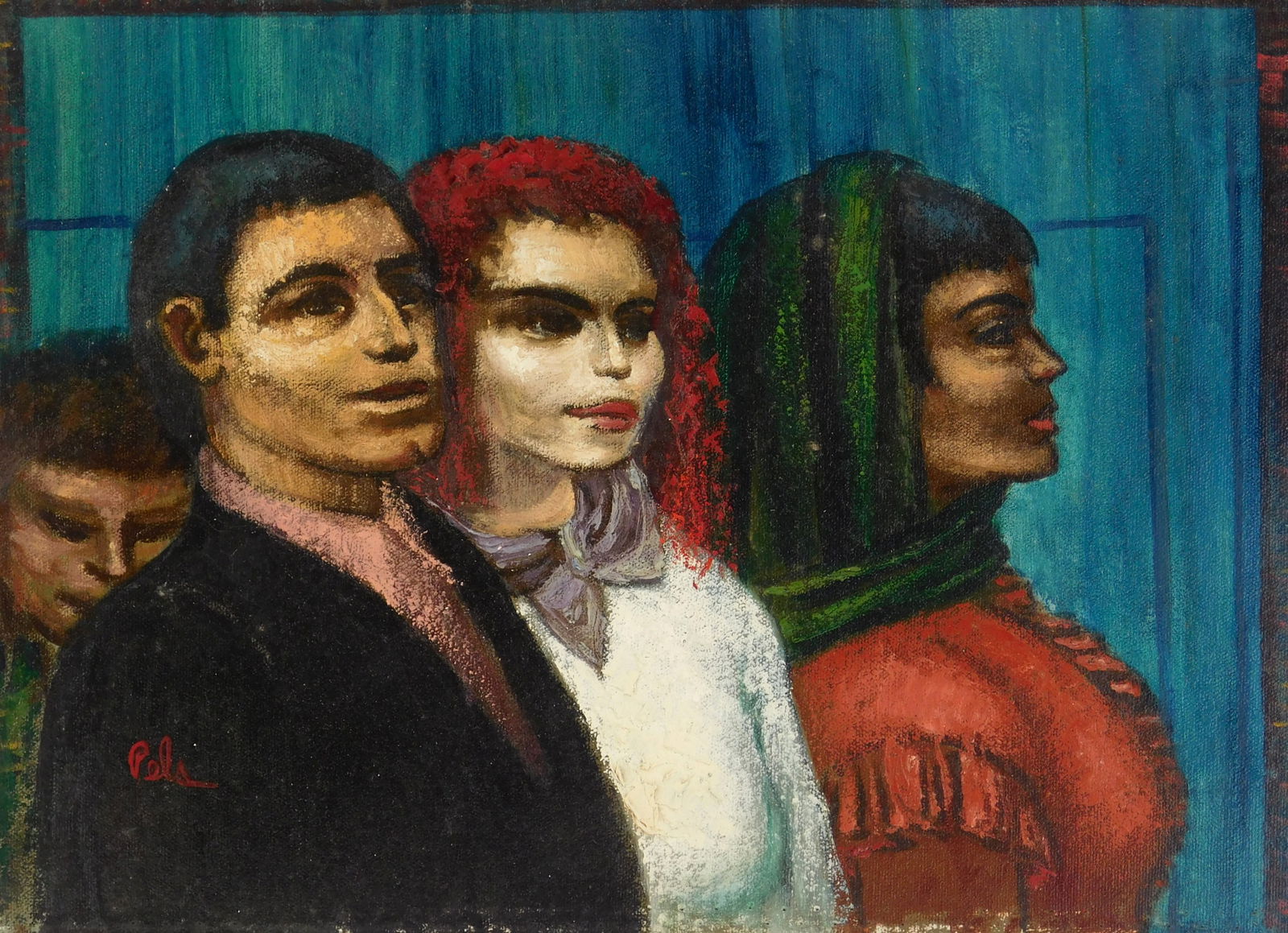 Albert Pels (American , 1910-1998) oil: Theatre Goers oil on canvas adhered to board, signed Pels lower left. 12 x 16" Provenance: Private collection- New York, NY; By descent estate of the artist.