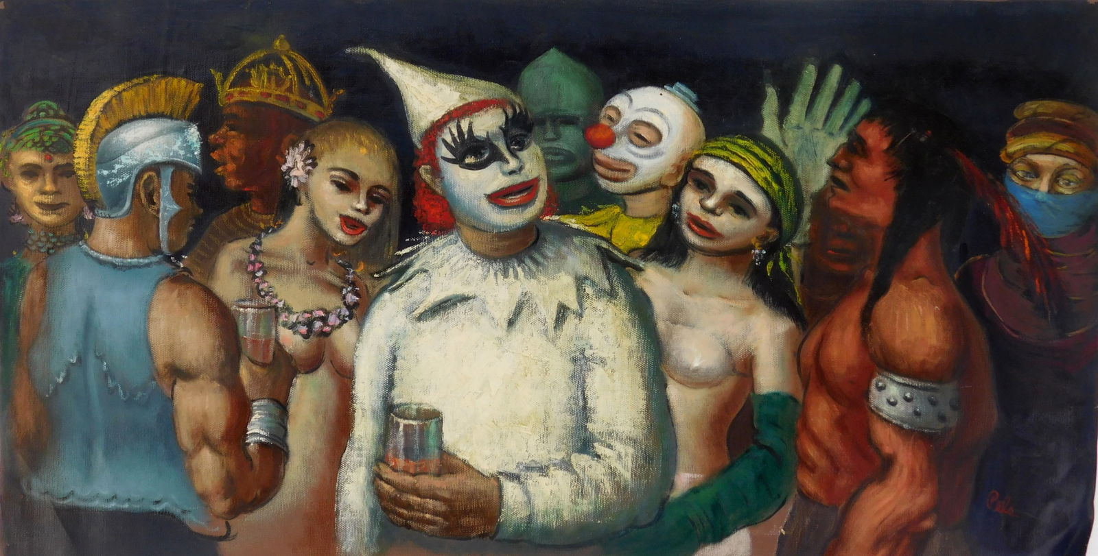 Albert Pels (American, 1910-1998) oil: Whith or Whithout- Costume Ball oil on canvas, signed Pels lower right, titled verso. 17 5/8 x 34" Provenance: Private collection- New York, NY; By descent estate of the artist.