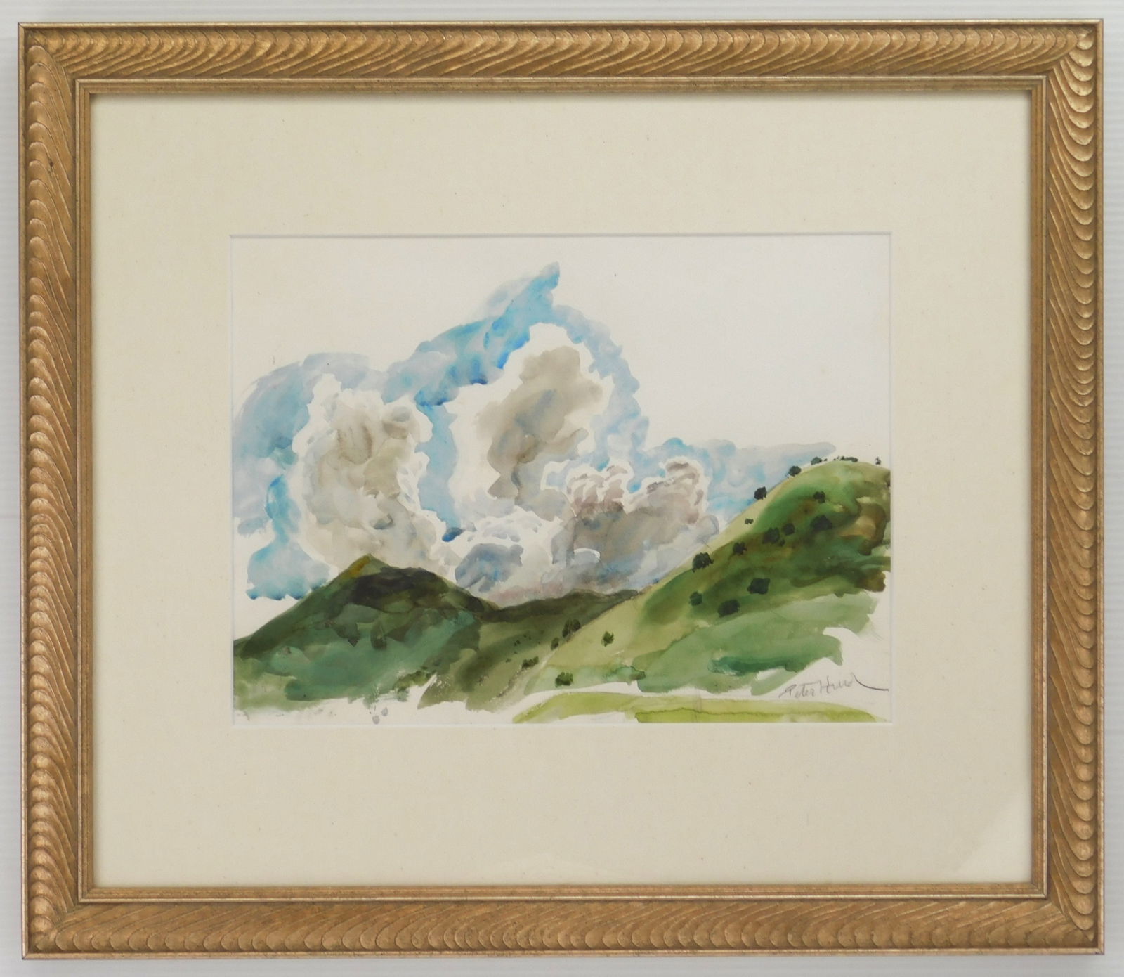 Peter Hurd (American, 1904-1984) watercolor: Surging Cumulus watercolor on paper, signed Peter Hurd in pencil lower right, matted and framed. 10 x 13 1/2" Provenance: Estate of Thomas Horner - To benefit the Canton Museum o