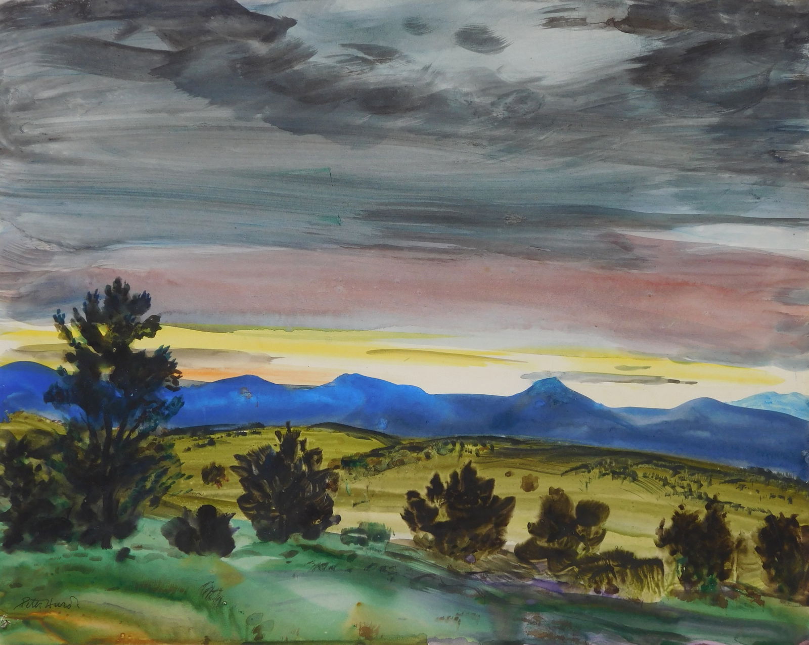 Peter Hurd (American, 1904-1984) watercolor: Stormy Sky, San Patricio (After Sundown) watercolor on paper, signed Peter Hurd lower left, matted and framed. 10 1/2 x 13 1/4" Provenance: Estate of Thomas