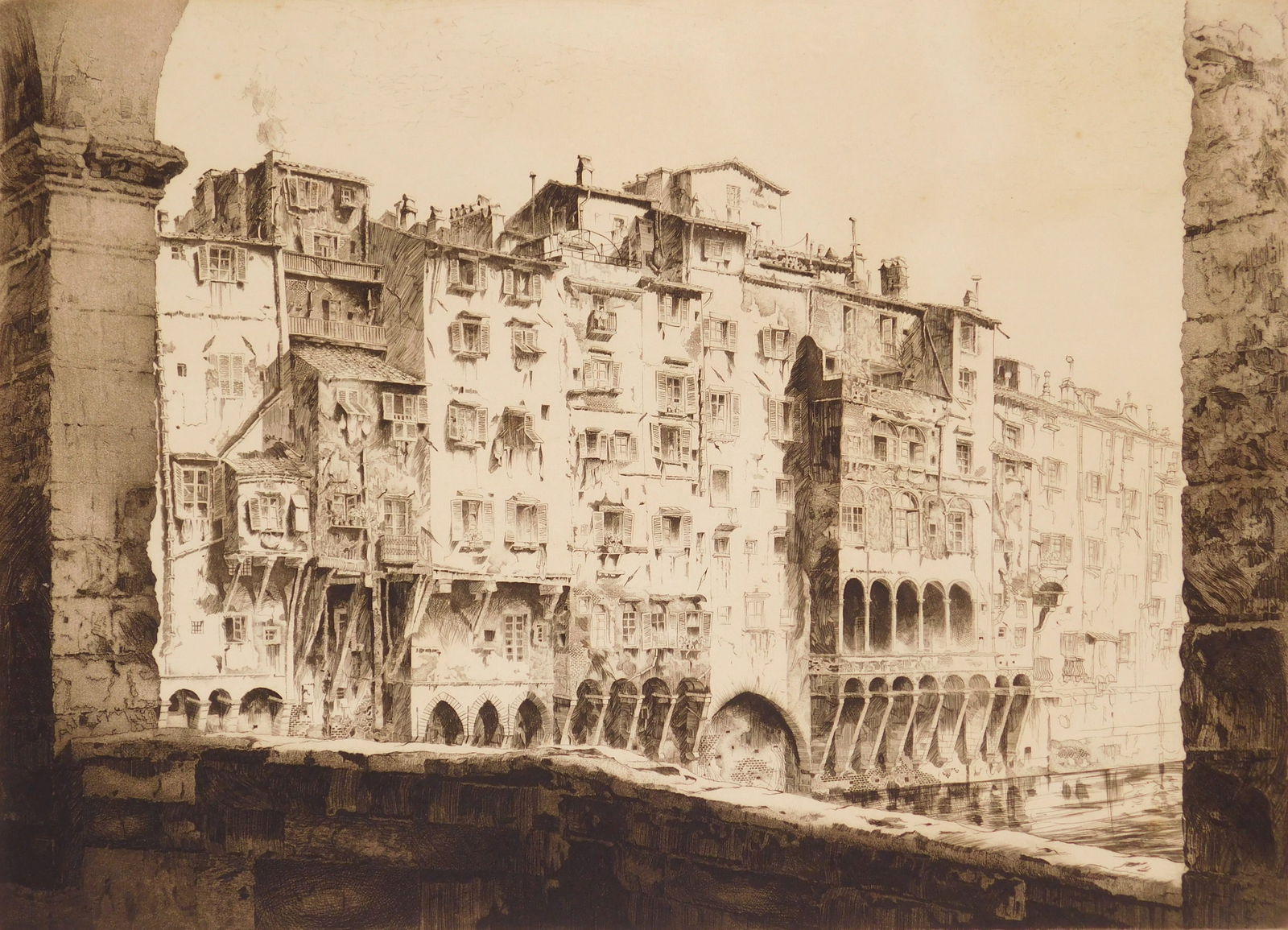 John Taylor Arms (American, 1857-1953) etching: From the Ponte Vecchio, Florence etching and aquatint, 1925, signed and dated in pencil, edition of 150. 11 x 15'' Fletcher 159 Provenance: Privat