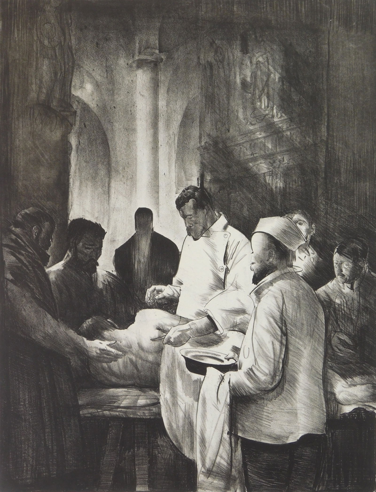 George Bellows (American, 1882-1925) lithograph: Base Hospital lithograph, 1918, estate signed by the artist's daughter, Jean Bellows Booth, and numbered 33 in pencil, from the War series 17 1/2 x 13 3/8" M