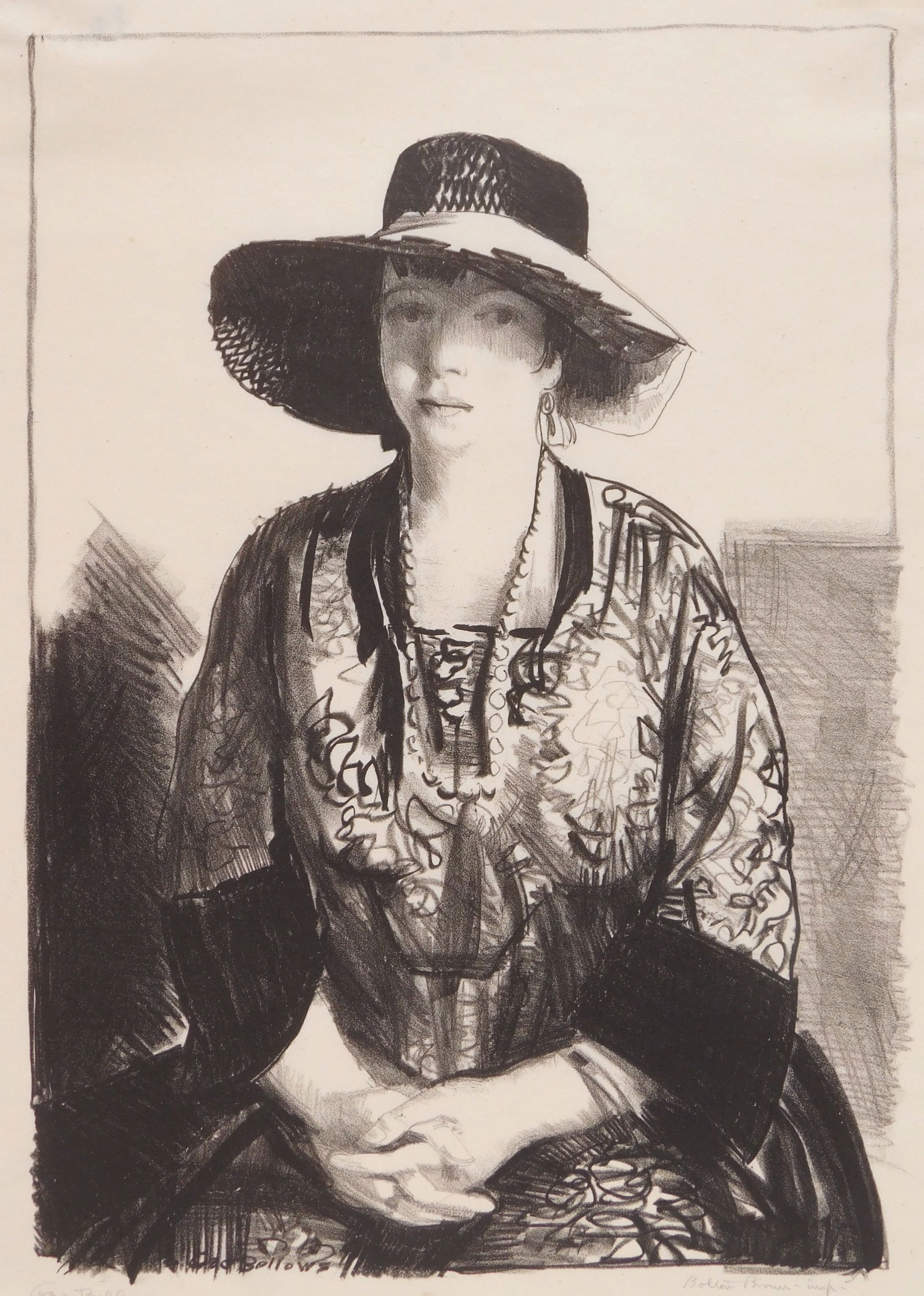 George Bellows (American, 1882 - 1925) lithograph: Black Hat lithograph, 1921, signed in pencil, also signed by the printer Bolton Brown in pencil, edition of 55. 13 1/8x 9 1/4" Mason 113 Provenance: Private collection- Cumberl