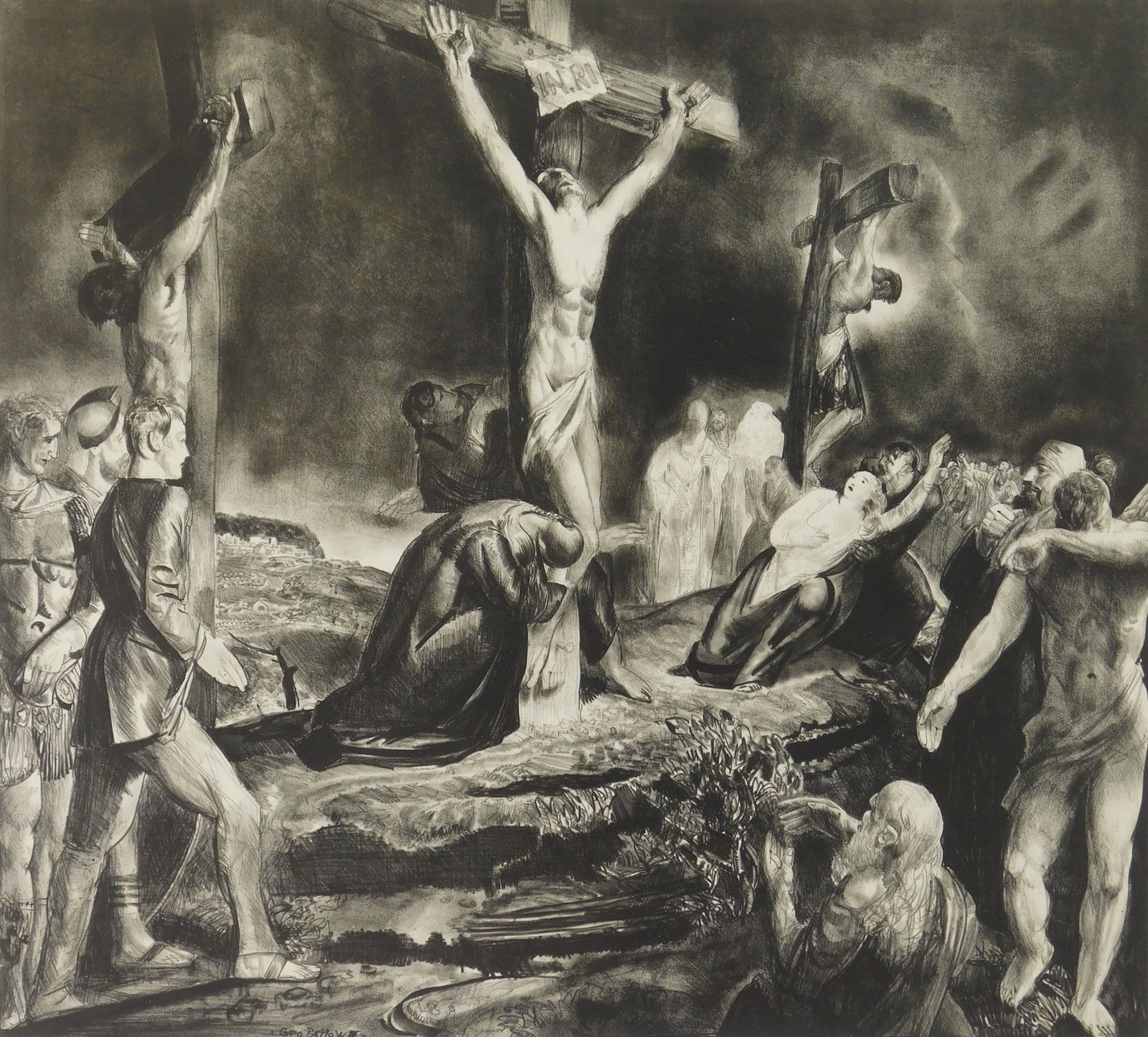 George Bellows (American, 1882-1925) lithograph: Crucifixion of Christ lithograph, 1923, signed and titled in pencil, also signed by the printer Bolton Brown, edition of 65. 18 3/4 x 20 5/8" Mason 146 Provena