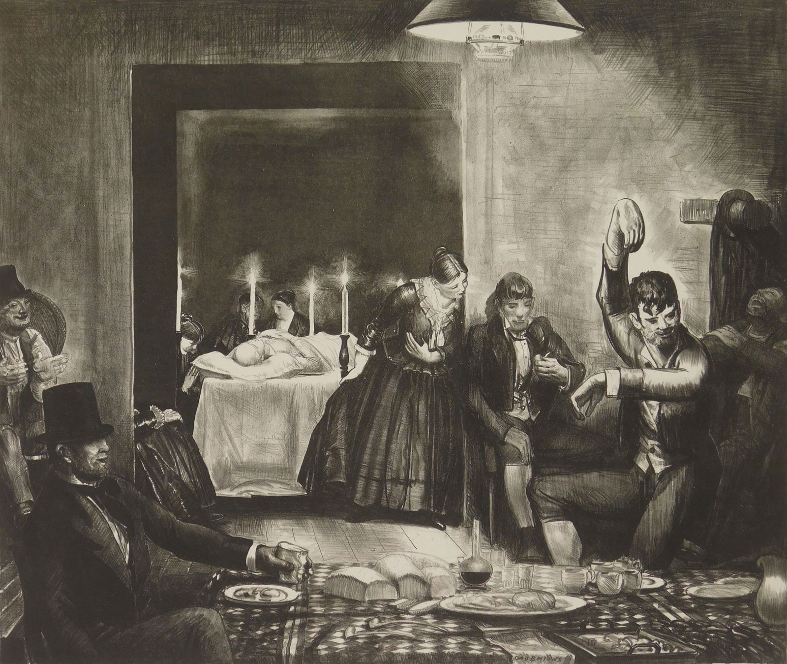 George Bellows (American, 1882-1925) lithograph: Punchinello in the House of Death lithograph, 1923, singed and titled in pencil, also signed by the printer Bolton Brown in pencil, edition of 60, from the series The Wind Bloweth. &nb