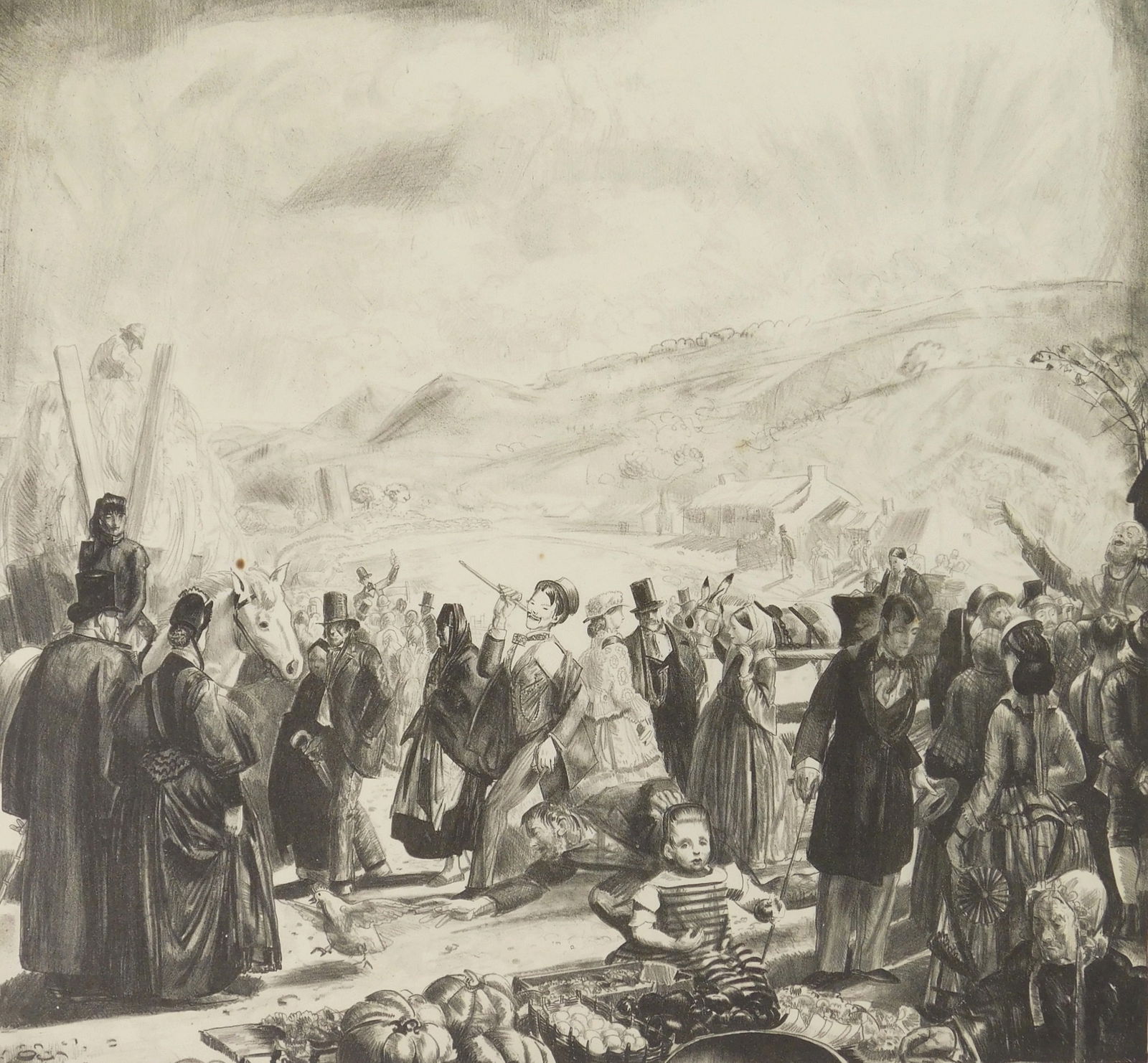 George Bellows (American, 1882-1925) lithograph: The Irish Fair lithograph, 1923, estate signed by the artist's daughter, Jean Bellows Booth in pencil, edition of 84. 18 7/8 x 21 3/8" Mason 153 Provenan