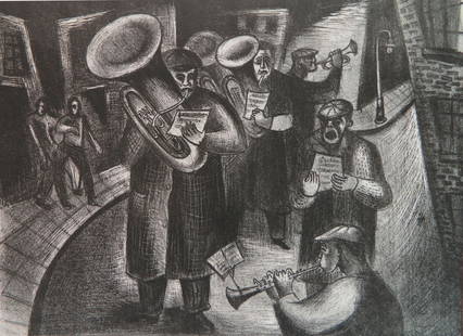 Leon Bibel (American, 1913-1995) lithograph: Street Band lithograph, 1938, signed, titled, dated and numbered /12 in pencil. 10 5/8 x 14 5/8'' Provenance: Private collection- Clevela