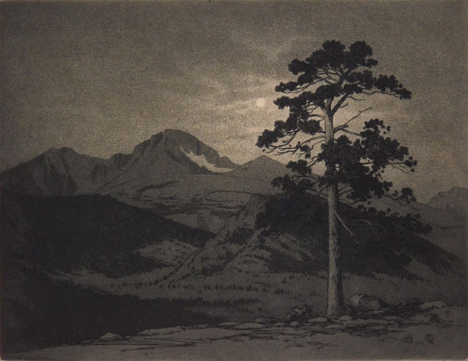 George Elbert Burr (American, 1859-1939) etching and aquatint: Long's Peak- Moonlight, Estes Park etching and aquatint, 1916, signed and titled in pencil. 6 3/8 x 8 1/4" Seeber 169 Provenance: Private collection- Cumberland