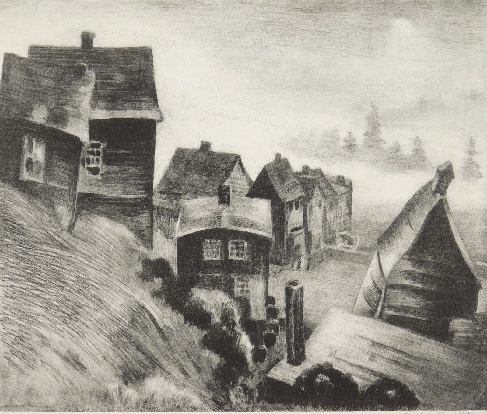 Mabel Dwight (American, 1876-19550) lithograph: Fishing Village, Nova Scotia lithograph, 1931, signed in pencil, edition of 24. 9 1/4 x 11" Robinson & Pirog 57 Provenance: Private