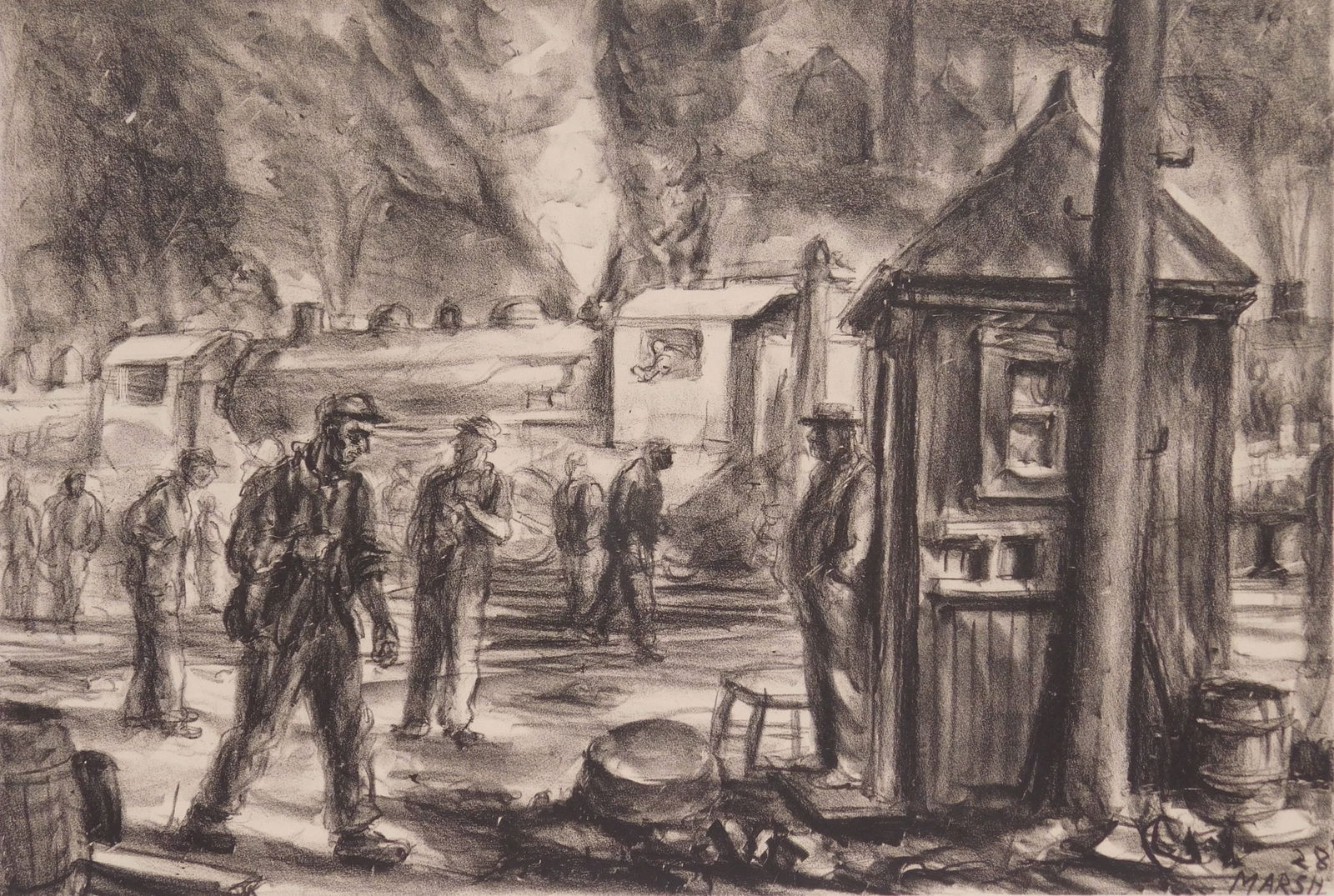 Reginald Marsh (American, 1898-1954) lithograph: Erie R. R. Yards lithograph on chine colle, 1928, signed and annotated 35 proofs in pencil. 8 3/4 x 13 1/8" Sasowsky 18 Provenance: Private collec