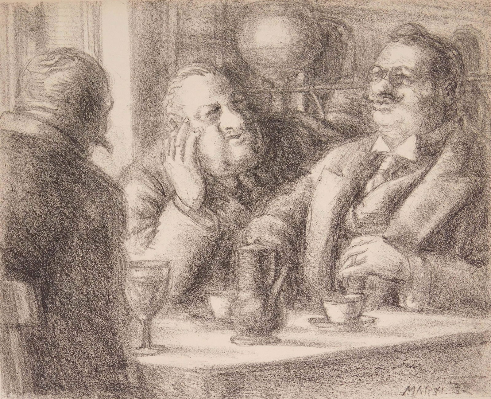Reginald Marsh (American, 1898-1954) lithograph: Cafe Brasserie lithograph on chine colle, 1932, signed and numbered 13/22 in pencil. 7 1/2 x 9 1/8" Sasowsky 24 Provenance: