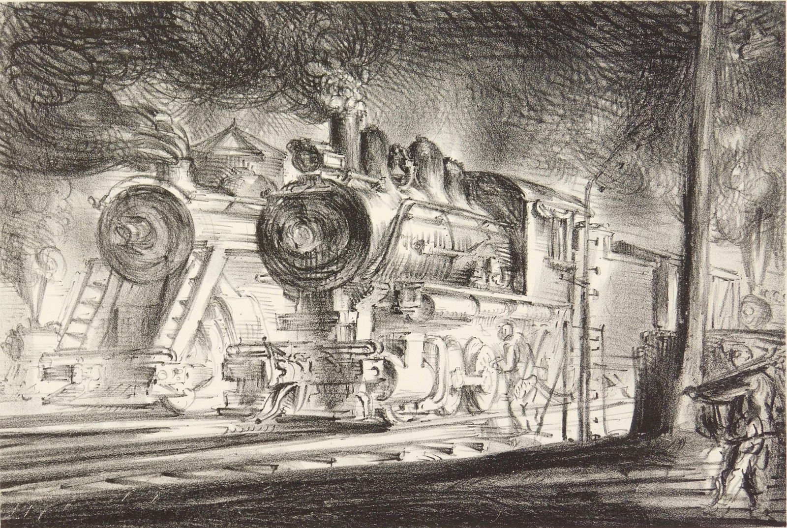 Reginald Marsh (American, 1898-1954) lithograph: Switch Engines, Erie Yards (Jersey City) lithograph, 1948, edition of 253 plus 10, The Print Club of Cleveland publication no. 25 for 1947. 9 x 13 3/8'' Sasowsky 30 Pr