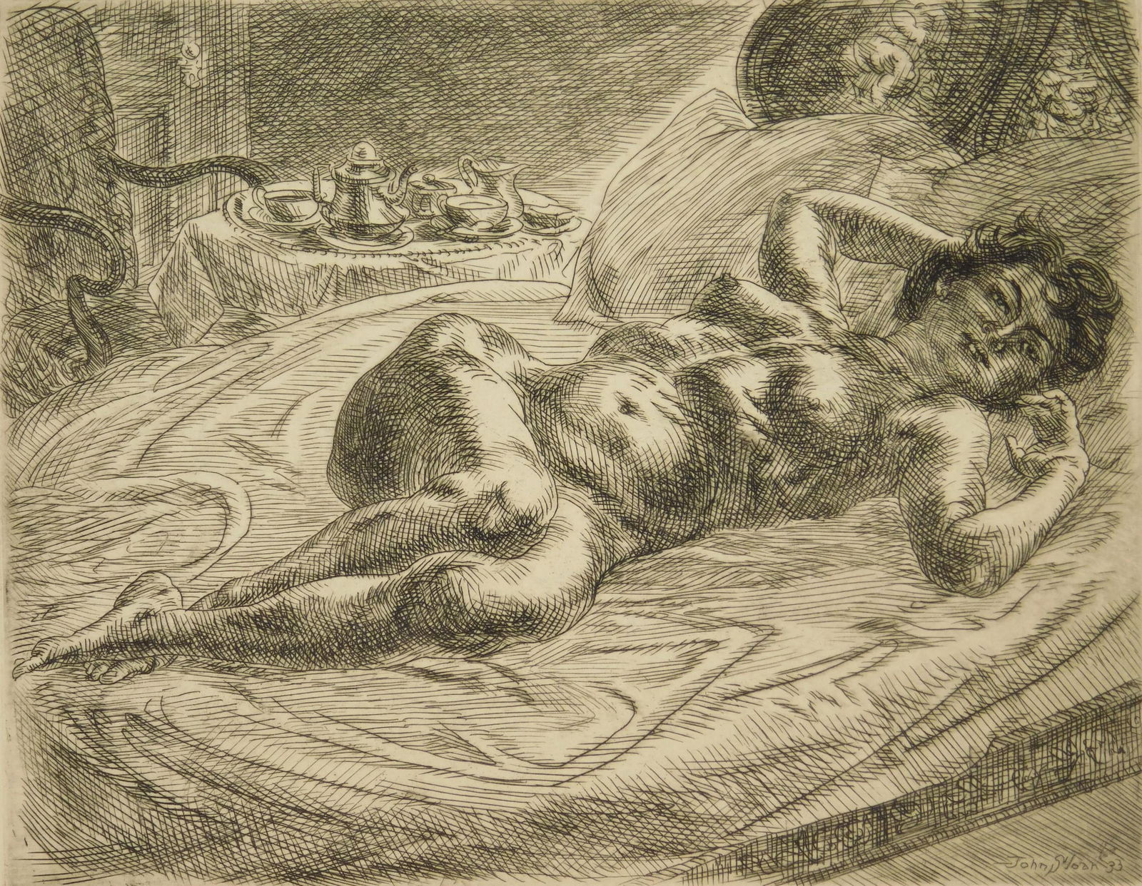 John Sloan (American, 1871-1951) etching: Nude and Breakfast Tray etching, 1933, signed, titled and annotated '100 proofs' in pencil. 5 3/8 x 6 3/4'' &