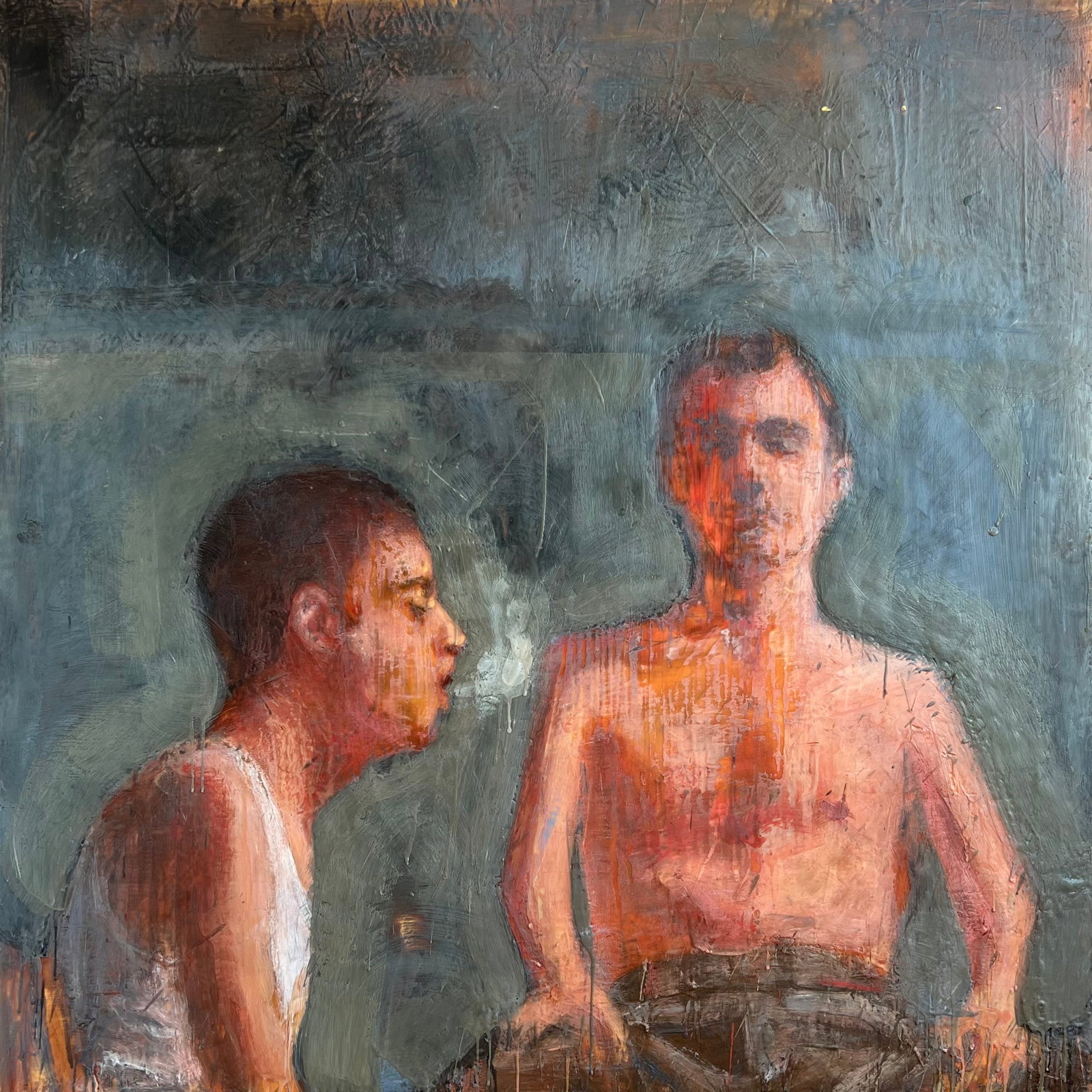 Mona Shahid (Canadian, 1968- ) encaustic painting: Round Table encaustic painting on panel, 1996. 48 x 48" Provenance: Craig & Allie Wallace collection- Gates Mills, OH Edward Day Gallery- Toronto, Canada