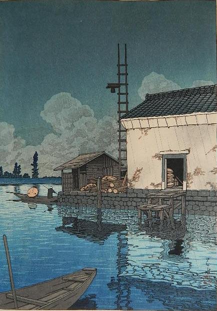 Hasui Kawase woodblock: Hasui Kawase- ''Rain at Ushibori'' (Narazaki 189)- woodblock in colors, 1929, with artist's chop in red, publisher: Sakai- Kawaguchi, paper slightly age toned. 14 3/4 x 10 1/2''
