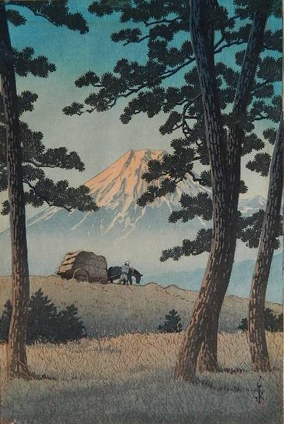 Hasui Kawase woodblock: Hasui Kawase- ''Dusk at Tagonoura'' (Narazaki 233)- woodblock in colors, 1940, with artist's chop in red and publisher Watanabe Shozabaro's seal in red at lower left in image, from the series: Selecti