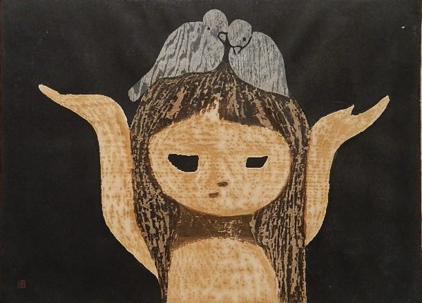 Kaoru Kawano woodcut: Kaoru Kawano- ''Friends''- woodcut in colors, signed, titled (English and Japanese) and numbered 46/50 in pencil, with artist's chop, label verso 'self carved / self printed / Kaoru Kawano' with the a