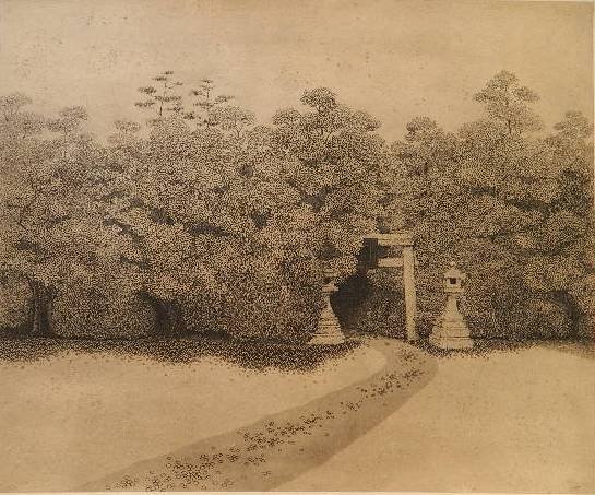 Ryohei Tanaka etching: Ryohei Tanaka- Grove No. 1- etching in color, 1966, signed, dated and numbered 22/100 in pencil, minor staining in margin. 11 3/4 x 14 1/4''