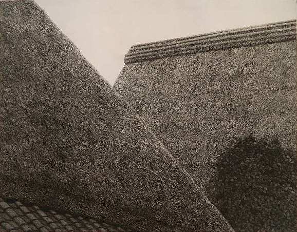 Ryohei Tanaka etching: Ryohei Tanaka- Two Roofs- etching, 1973, signed, dated and numbered 22/100 in pencil, minor staining and handling creases in margins. 12 x 15 1/2''