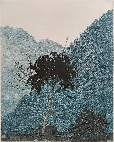 Ryohei Tanaka etching: Ryohei Tanaka- Shady Village- etching in colors, 1974, signed, dated and numbered 23/100 in pencil, minor soiling in margin. 11 3/4 x 9 1/4''