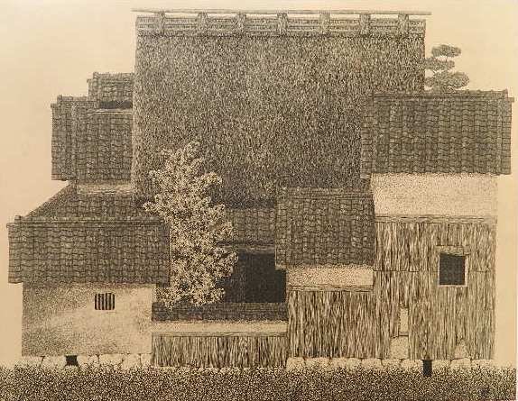 Ryohei Tanaka etching: Ryohei Tanaka- Thatched Roof No. 18- etching in color, 1974, signed, dated and numbered 81/100 in pencil, minor soiling and small handling creases in margin. 12 x 15 1/2''
