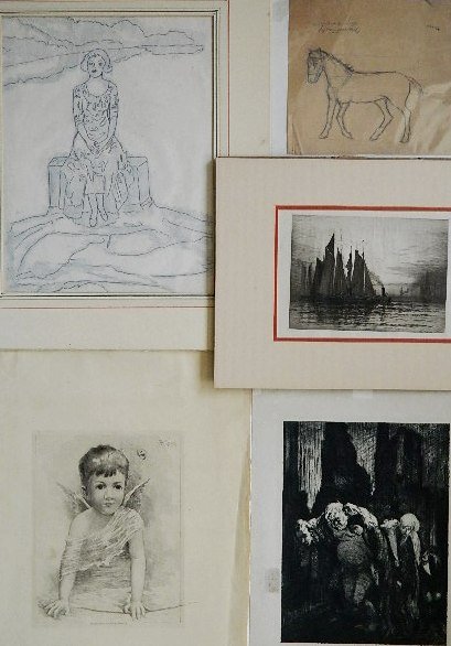 5 Works on paper: 5 Works on paper- 1.) George Elmer Browne- Study of Horse- graphite; 2.) Doris Spiegel- Woman Sitting By A Lake- graphite; 3.) Frederick Spiegle- Cupid- etching; 4.) Henry Farrer- New York Harbor- etc