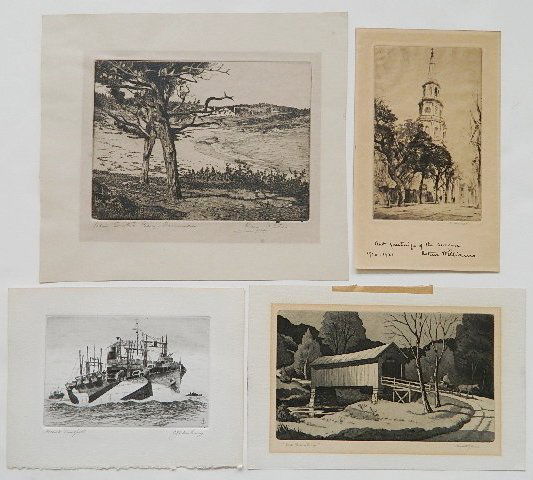 20th c. American School 4 intaglio prints: 20th c. American School including R. Allen, C. J. A. Wilson, K. Reeve and E. Horter- ''John Smith's Bay, Bermuda''; ''Attack Transport''; ''Bean Blossom Bridge'' and Street Scene with A Steeple- 4 int