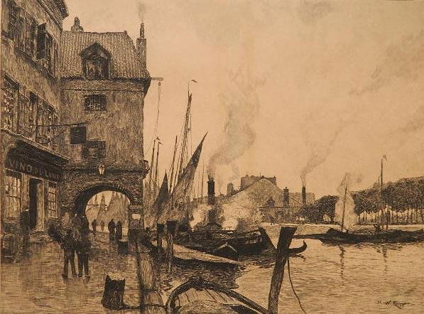 Otto H. Bacher after Henry W. Ranger etching: Otto H. Bacher after Henry W. Ranger- Dock Scene- etching on paper laid on canvas on stretcher, signed by both artists in pencil, slightly light struck, glue residue and abrasion lower center along bo