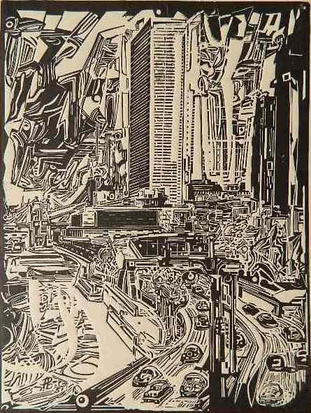 Fiske Boyd woodcut: Fiske Boyd- Concept- woodcut, 1951, signed in pencil. 12 1/8 x 9 1/8''