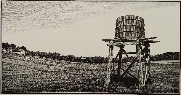 Asa Cheffetz wood engraving: Asa Cheffetz- ''Water Tower'' (Springfield 87)- wood engraving, 1945, signed in pencil. 4 5/8 x 9''