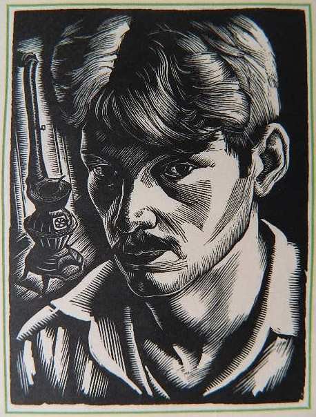 Howard Cook wood engraving: Howard Cook- ''Self-Portrait'' (Duffy 163)- wood engraving, 1931, horizontal crease through center. 3 7/8 x 2 15/16''