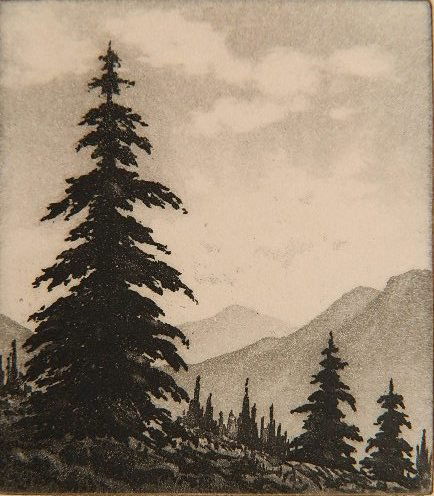 Harold Doolittle 2 aquatints: Harold Doolittle- Pines and Distant Mountains; Fir Trees- 2 aquatints, both signed and dated in pencil. 3 5/8 x 3 1/4''; 3 7/8 x 3 1/8''
